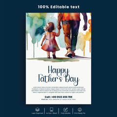 happy fathers day print flyer or poster template and  fathers day leaflet brochure cover illustration
Father holding his daughter hand, colourful watercolor effect  illustration  background