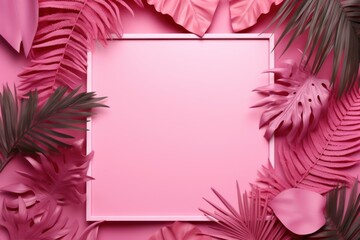 Fototapeta na wymiar Pink frame background, tropical leaves and plants around the pink rectangle in the middle of the photo with space for text