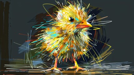   A yellow bird painting on a black background stands on a wet ground The background features yellow, red, green, orange, and blue lines against the black canvas