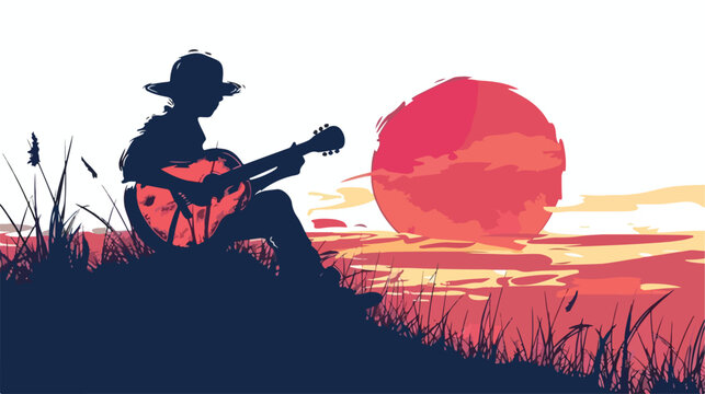 Silhouette of person playing guitar on hilltop at sun