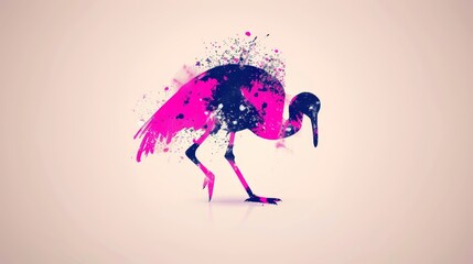 Obraz premium A pink-and-black bird with a long beak and neck stands against a light pink background, on a white surface