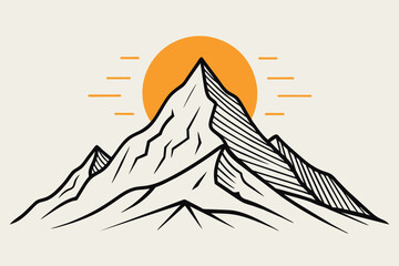 A simple, elegant line drawing of a mountain peak, with the sun