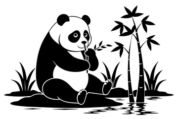 Black and white whimsical panda bear eating bamboo sitting on a branch near water silhouette vector style