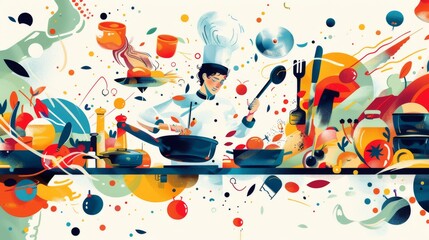 A colorful painting of a chef cooking with a variety of ingredients