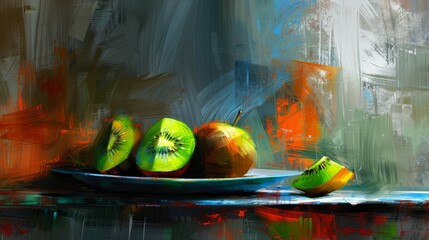   A painting of a kiwi and orange fruit arrangement on a plain background