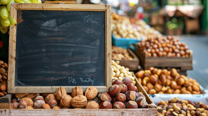 Counter on farmer's market with variety of nuts, empty chalkboard for inscription. Copy space. Generative AI
