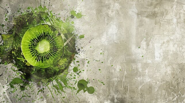   A kiwi fruit depicted on a grungy wall, adorned with green paint splatters