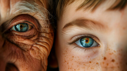 A close-up juxtaposition of a young child's vibrant blue eye and an elderly person's eye reflecting wisdom. - obrazy, fototapety, plakaty
