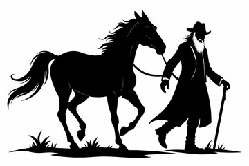 An old man leads a horse walking in the snow silhouette on white background