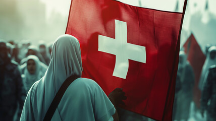 A person draped in a hijab holds up the Swiss flag, with a blurred crowd in the background. - obrazy, fototapety, plakaty