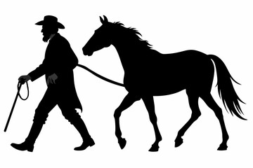 An old man leads a horse walking in the snow silhouette on white background