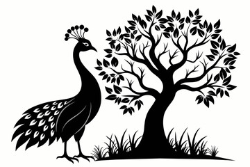 Fototapeta premium Captured a Captured a Peacock bird on a tree. silhouette black on white background bird on a tree