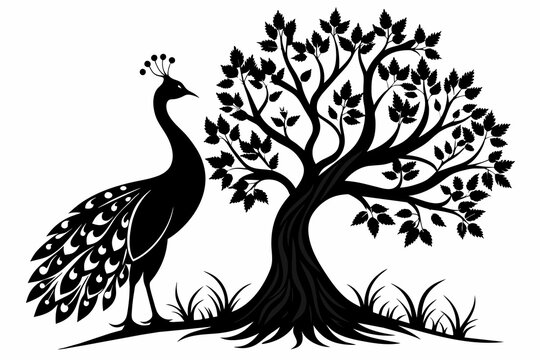 recommend clip art: Captured a  Captured a Peacock bird on a tree. silhouette  black on white background  bird on a tree