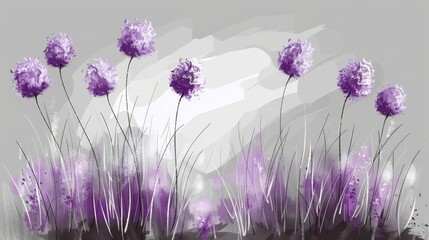   A painting of purple flowers and grass against a gray-white backdrop, with a splash of paint to the canvas's left