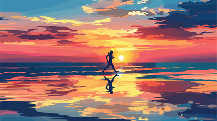 Silhouette of person running along beach at sunrise vector