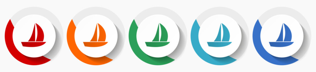 Yacht vector icon set, flat icons for logo design, webdesign and mobile applications, colorful round buttons