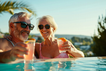 Happy senior couple in sunglasses drinking cocktails at summer poolside. Generative AI