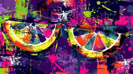   A painting of two lemons with hues of pink, green, yellow, and purple