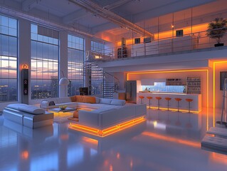 A large, modern living room with a spiral staircase and a bar. The room is lit with orange lights, creating a warm and inviting atmosphere