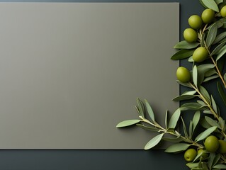 Olive background with shadows of palm leaves on an olive wall, an empty table top for product presentation. A mockup banner