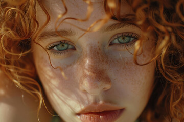 Young woman with curly red hair and sparkling green eyes. Generative AI
