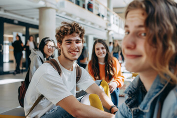 Obraz premium Students having fun at university. Group of friends studying together at university campus. Generative AI