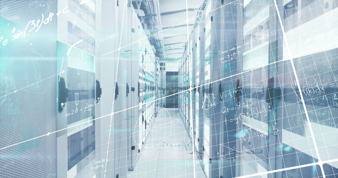 Image of processing data and maths calculations over computer server room
