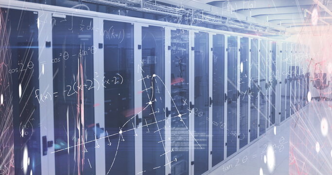 Image of processing data and maths calculations over computer server room