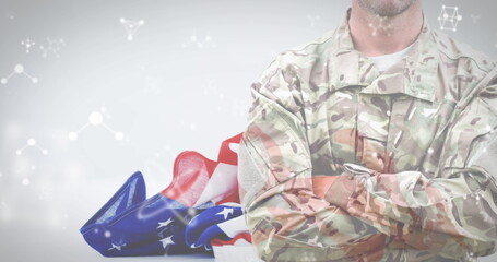 Image of midsection of army soldier with nucleotides and national flag of america