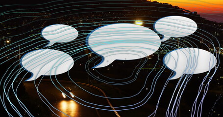 Image of shapes moving and speech bubbles over cityscape
