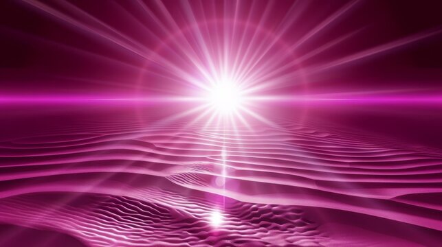   The sun shines brightly behind a desert landscape image, featuring ripples of pink and purple