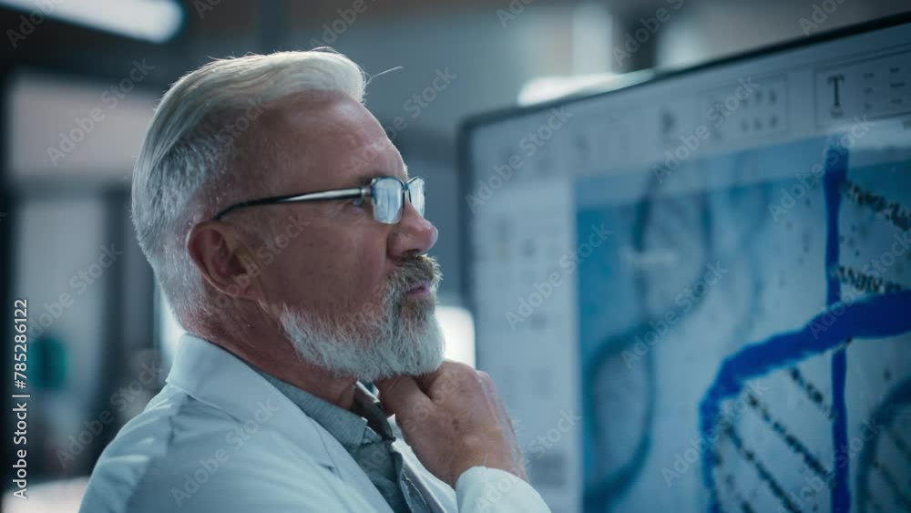 Poster senior doctor in glasses examining a scientific experiment report on a big screen. phd professor loo