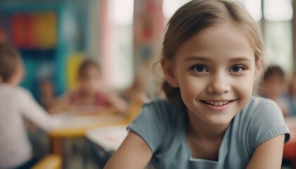 portrait of smiling little girl looking at camera at primary school. Adorable preschool kid sitting