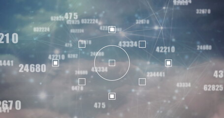 Image of multiple changing numbers over network of connections against clouds in the sky