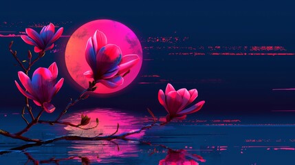   A painting of pink flowers before a full moon, reflecting on a body of water A tree branch extends into the foreground - obrazy, fototapety, plakaty