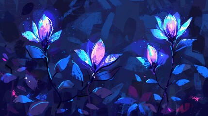  A painting of purple and blue flowers against a dark-blue backdrop, with a splash of paint at the image's bottom