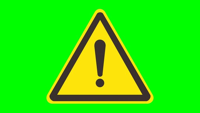 Appearance of yellow and black triangular sign with general danger exclamation mark coming from above on green background, transparent background with alpha channel	