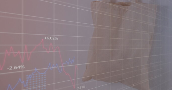 Image of financial data and graphs over shopping bag