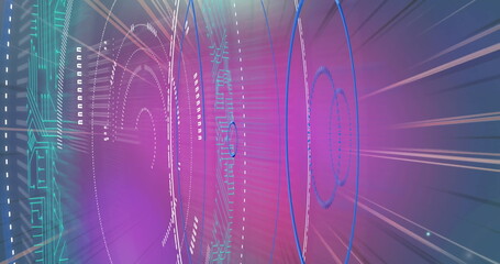 Image of scope scanning over light trails on purple background