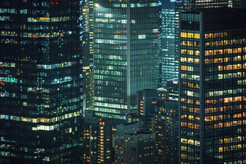 A closeup of skyscrapers in a city during nighttime using a telephoto lens - obrazy, fototapety, plakaty