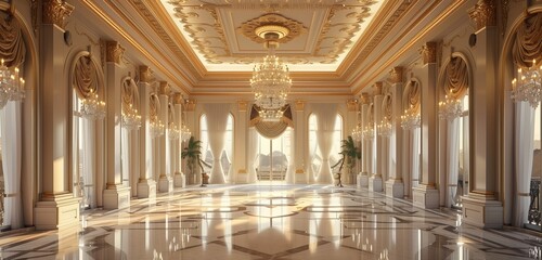 Luxurious ballroom showcases a magnificent chandelier, gleaming on marble surfaces.