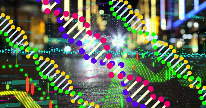 Image of data processing over dna strands and cityscape