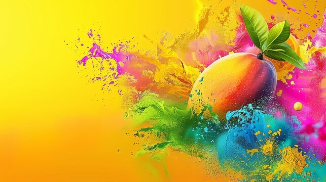   A cluster of fruits with a paint splash at the image's base and a verdant leaf hovering above