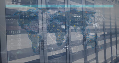 Image of icons in circles and geometric shapes over map against server room