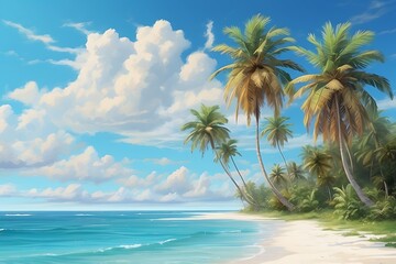 Fototapeta na wymiar Tropical beach with palm trees and blue sky. 3d rendering
