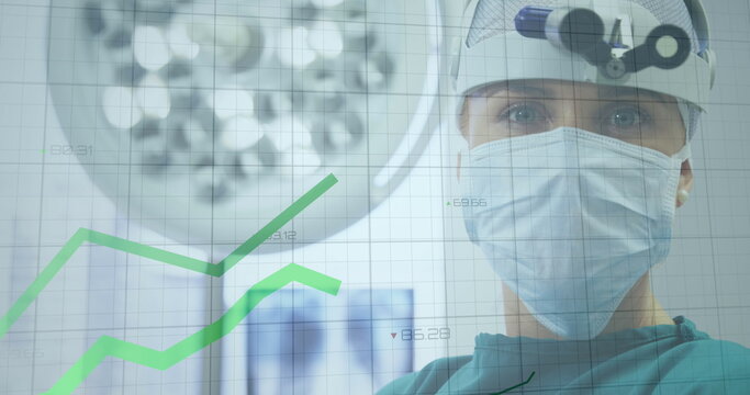 Image of green graphs moving over female surgeon in operation theatre at hospital