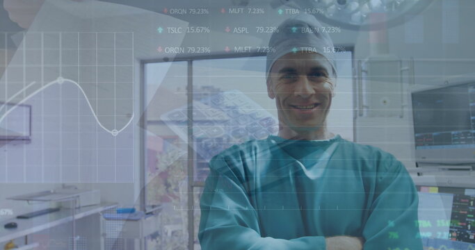 Image of statistical data processing over caucasian male surgeon smiling at hospital