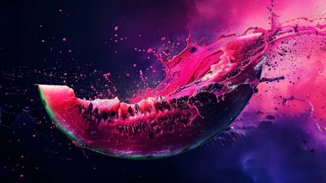   A watermelon slice with painted pink and purple drips