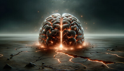 AI generated illustration of a human brain on a cracked surface glows with internal fire - obrazy, fototapety, plakaty
