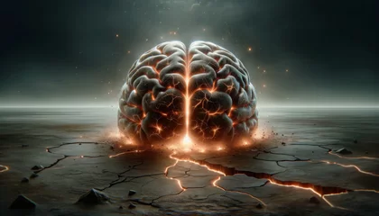 Deurstickers AI generated illustration of a human brain on a cracked surface glows with internal fire © Wirestock